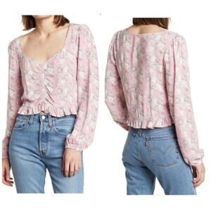 New Abound Women's Long Sleeve Crop Top with Ruffle Hem Ruching in Pink Floral